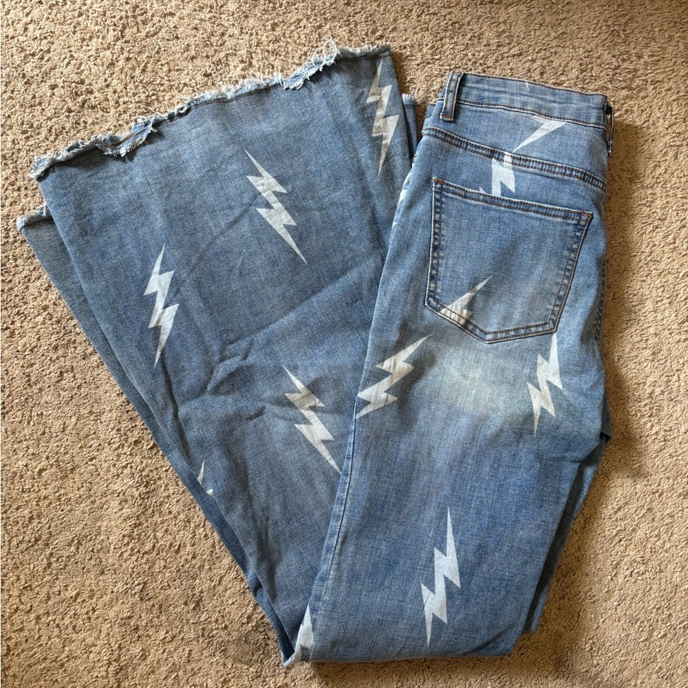 Blue Denim Jeans with Lightning Bolt Pattern